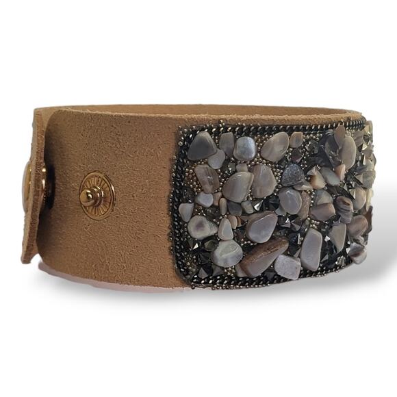 New Tan Suede Leather Tumbled Stone and Hematite Bracelet 7" - Picture 7 of 8